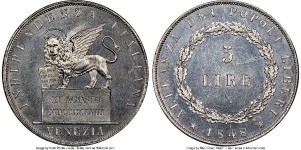 Lot 32621 > Venice. Revolutionary 5 Lire 1848 MS62 NGC, Venice mint, KM803. A blast-white and lightly Prooflike piece, the surfaces over which a few hairline scratches appear here and there, preventing it from attaining a higher certified grade.