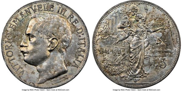 Lot 32622 > Vittorio Emanuele III 5 Lire 1911-R MS63 NGC, Rome mint, KM53. Although hazy, this coin features full luster and impeccable field surfaces.