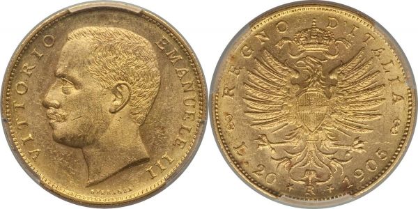 Lot 32623 > Vittorio Emanuele III gold 20 Lire 1905-R MS63 PCGS, Rome mint, KM37.1, Fr-24. Choice, with watery luster embracing the obverse and reverse design elements alike. 
