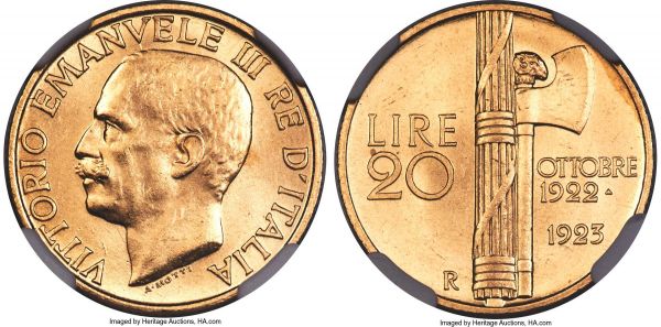 Lot 32624 > Vittorio Emanuele III gold 20 Lire 1923-R MS62 NGC, Rome mint, KM64, Fr-31. Struck to commemorate the first anniversary of Italy's fascist government. 