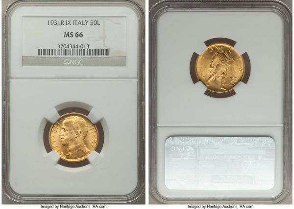 Lot 32627 > Vittorio Emanuele gold III 50 Lire Anno IX (1931)-R MS66 NGC, Rome mint, KM71. Among the finest certified examples of the type out of nearly 400 graded by NGC to-date. 