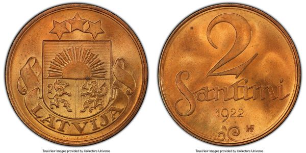 Lot 32630 > Republic bronze Specimen Essai 2 Santimi 1922 SP66 Red PCGS, KM-Unl. (cf. KM2 for circulation strike). The sole example of this Huguenin essai we have encountered, and of considerably rarity as such. 