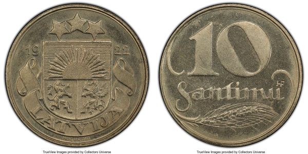 Lot 32631 > Republic nickel Specimen Essai 10 Santimu 1922 SP66 PCGS, KM-Unl. An extremely rare and apparently unpublished pattern in the Standard Catalog of World Coins, struck in the same metal as the adopted design, though with the addition of the initials HF (for Huguenin Freres) on the reverse.