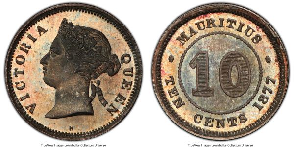Lot 32637 > British Colony. Victoria Specimen 10 Cents 1877-H SP67 PCGS, Heaton mint, KM10.1. An astonishing gem with near-Prooflike surfaces, sharp devices, and alluring hints of iridescent tones.