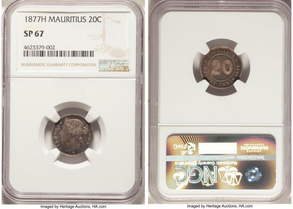 Lot 32638 > British Colony. Victoria Specimen 20 Cents 1877-H SP67 NGC, Heaton mint, KM11.1. A superb state of preservation with soft lilac coloration across the surfaces. 