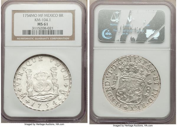 Lot 32640 > Ferdinand VI 8 Reales 1754 Mo-MF MS61 NGC, Mexico City mint, KM104.1. Presenting even salt-white color over a clearly Mint State strike, hardly any weakness detectable through the design and just a small patch of adjustments on the Spanish arms. 