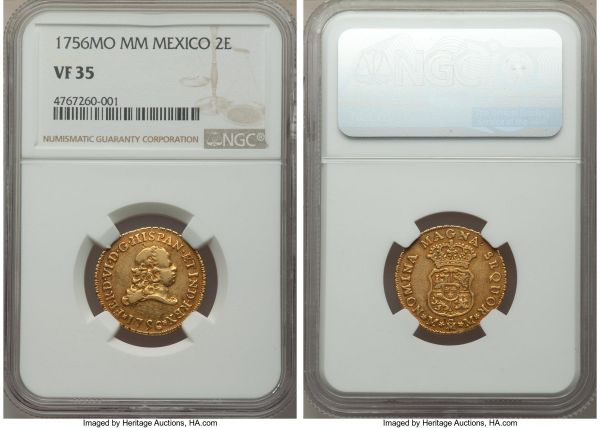 Lot 32641 > Ferdinand VI gold 2 Escudos 1756 Mo-MM VF35 NGC, Mexico City mint, KM126.2, Fr-19, Cal-166. Evenly worn with pleasant orange toning, yet retaining bold details and problem-free surfaces. A wholesome and wholly satisfying example of this rare type.
