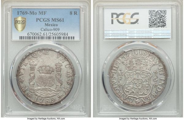 Lot 32642 > Charles III 8 Reales 1769 Mo-MF MS61 PCGS, Mexico City mint, KM105, Cal-909. A notoriously difficult type to find in Mint State grades, with a prevalent icy luster emerging from beneath mottled graphite surfaces, while the reverse shows intensive die polish. 
