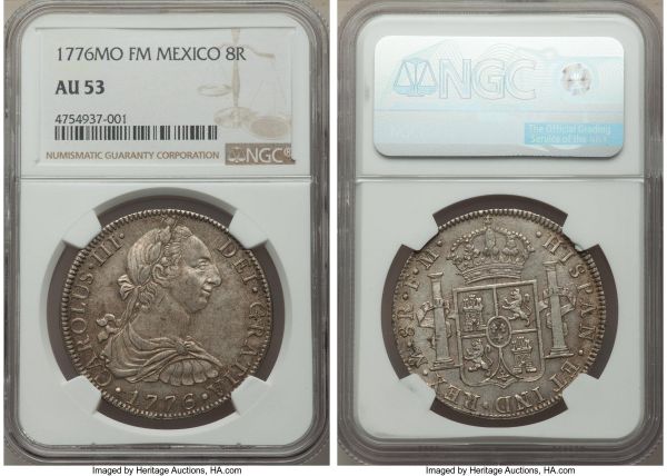 Lot 32643 > Charles III 8 Reales 1776 Mo-FM AU53 NGC, Mexico City mint, KM106.2. A popular and important date for American collectors, represented strongly here with a superb strike and deep wholesome patina with a touch of cobalt tone around the obverse perimeter. A piece we would not be surprised to see in a grade or so higher, retaining significant luster in the fields.