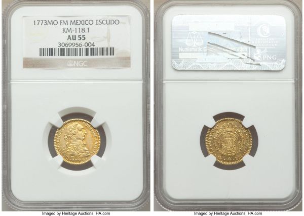 Lot 32644 > Charles III gold Escudo 1773 Mo-FM AU55 NGC, Mexico City mint, KM118.1. A premium example of this seldom-seen date, scarce so fine and with an appealing coppery tone over lustrous surfaces.