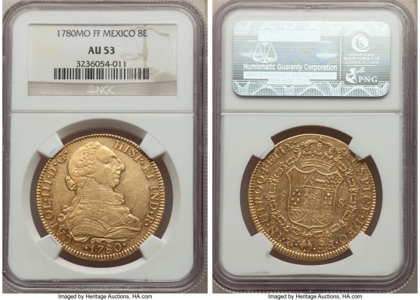 Lot 32645 > Charles III gold 8 Escudos 1780 Mo-FF AU53 NGC, Mexico City mint, KM156.2. A bright example with nearly Prooflike elements in the fields. AGW 0.7841 oz. 