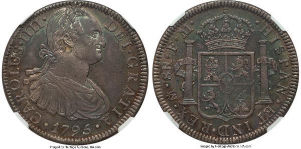 Lot 32646 > Charles IV 8 Reales 1795 Mo-FM MS63 NGC, Mexico City mint, KM109. A truly stunning survivor of this otherwise prolific type--presently standing undisputed in its choice status as the finest certified at both NGC and PCGS. The eye appeal is even more impressive, with iridescent hues along the devices catching a glassy texture that lights up the surfaces in a splendid display. 