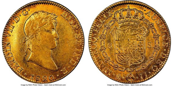 Lot 32649 > Ferdinand VII gold 8 Escudos 1820 Mo-JJ AU53 NGC, Mexico City mint, KM161, Fr-52. A sheen of golden luster carries across the surfaces of this lightly circulated specimen, whose peripheries are endowed with just a hint of contrasting amber tone. Struck in the final full year of Spanish rule in Mexico, and thus a date of some historical importance.