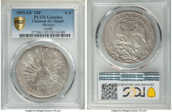 Lot 32652 > Republic 8 Reales 1851 GC-MP AU Details (Cleaned) PCGS, Guadalupe y Calvo mint, KM377.7, DP-GC08. Well-executed with plentiful luster in the protected regions of the design, and a highly collectible mint to wit. 