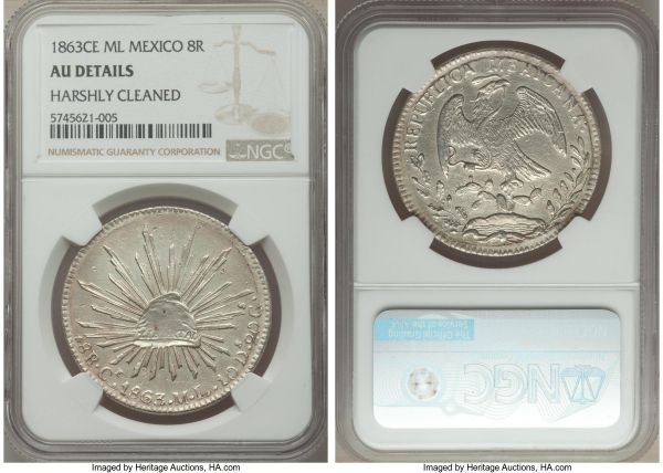Lot 32653 > Republic 8 Reales 1863 Ce-ML AU Details (Harshly Cleaned) NGC, Real de Catorce mint, KM377.1, DP-Ce01. A more attainable representative of one of the rarest mints in the series, which operated for only one year. Despite a clear cleaning to the central regions, the strike exhibits a clear strength for the type. 