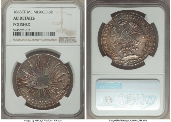 Lot 32654 > Republic 8 Reales 1863 Ce-ML AU Details (Polished) NGC, Real de Catorce mint, KM377.1, DP-Ce01. Solidly struck with minimal weakness and sound definition throughout, and an emission sure to perk the interests of collectors seeking an example of this most difficult mint. 