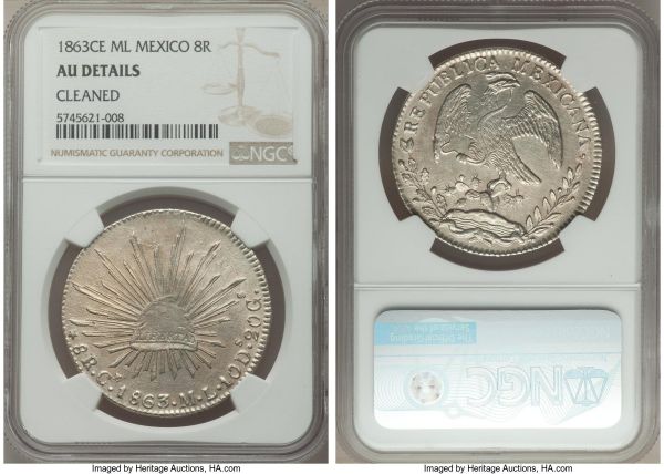 Lot 32655 > Republic 8 Reales 1863 Ce-ML AU Details (Cleaned) NGC, Real de Catorce mint, KM377.1, DP-Ce01. A highly contested mint for the type, the majority of the noted cleaning confined to the reverse of the coin while the obverse preserves a markedly original finish. 