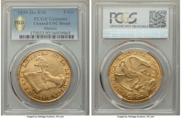 Lot 32660 > Republic gold 8 Escudos 1839 Do-RM UNC Details (Cleaning) PCGS, Durango mint, KM383.3, Fr-68. A nice example of this early Republican 8 Escudos type, exhibiting uniformly hairlined surfaces as evidence of cleaning, but nonetheless quite attractive, with hints of watery luster around the perimeters and a slightly satiny central skin.