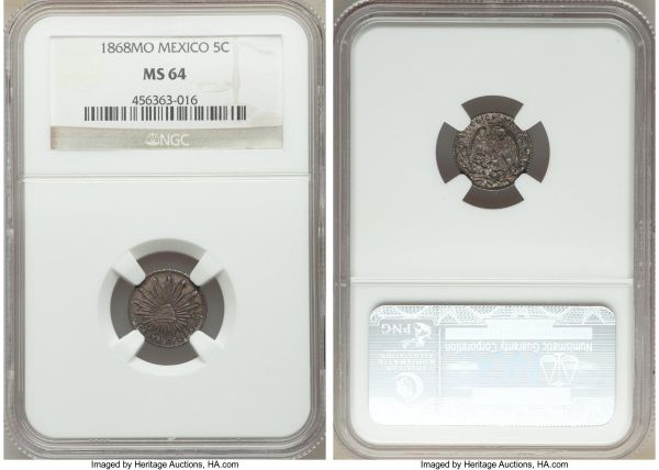 Lot 32661 > Republic 5 Centavos 1868-Mo MS64 NGC, Mexico City mint, KM397. Deeply toned surfaces over a strong strike. We note that this exact example previously sold for $881.25, including Buyer's Premium, in a Stack's Bowers auction in November 2013 (Auction 181, Lot 21161).