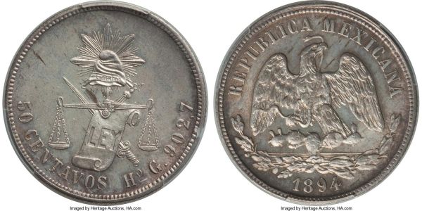 Lot 32662 > Republic 50 Centavos 1894 Ho-G MS63 PCGS, Hermosillo mint, KM407.5. The highest recorded grade for this date-mint combination in the PCGS census--a considerable feat for an issue that seldom approaches the choice level. 