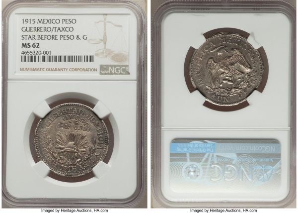 Lot 32664 > Guerrero-Taxco. Revolutionary Peso 1915 MS62 NGC, KM672. Variety with star before UN PESO and letter G. A very handsome representative that appears quite choice for this revolutionary coinage. 