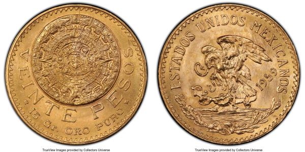 Lot 32665 > Estados Unidos gold 20 Pesos 1959 MS67 PCGS, Mexico City mint, KM478. Most likely a restrike, though not designated as such on the holder. AGW 0.4822 oz. 