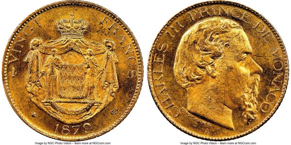 Lot 32668 > Charles III gold 20 Francs 1879-A MS64 NGC, Paris mint, KM98. Two year type. AGW 0.1867 oz.