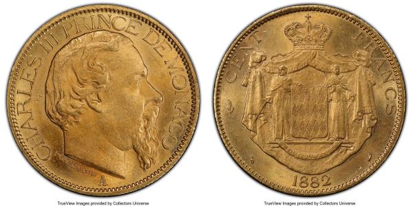 Lot 32669 > Charles III gold 100 Francs 1882-A MS62 PCGS, Paris mint, KM99. Mintage: 5,000. Lowest mintage of three year type. Conservatively graded. AGW 0.9334 oz. 