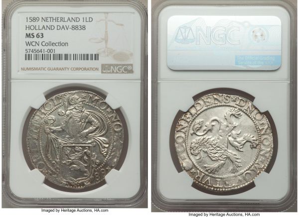 Lot 32672 > Holland. Provincial Lion Daalder 1589 MS63 NGC, Dav-8838, Delm-831. A sublime grade for this usually unremarkable and common date, and more than likely among the finest certified examples. For reference, we note that an AU58-graded specimen of the same date brought $1320 in our September 2019 Long Beach sale. Sold with old Münz Zentrum lot tag.  Ex. WCN Collection