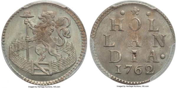 Lot 32673 > Holland. Provincial Duit 1762 MS65 PCGS, KM80a. Likely among the finest survivors of the type, and fiercely contested in gem, the surfaces appearing remarkably fresh and the devices free of serious striking flatness. 