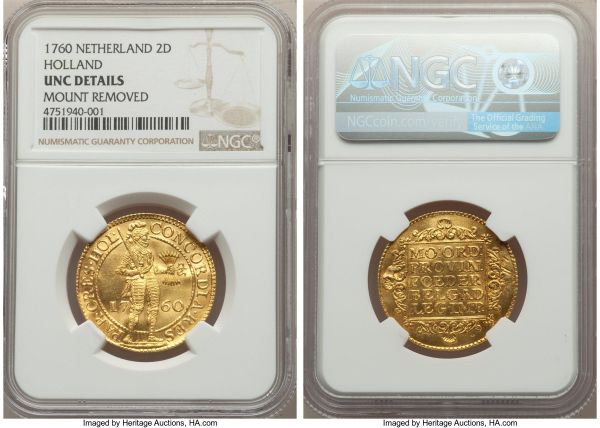 Lot 32674 > Holland. Provincial gold 2 Ducat 1760 UNC Details (Mount Removed) NGC, KM47.2, Fr-248, Delm-773. A deceivingly scarce type, much less often seen in comparison to the similar single Ducat issues. A superb strike, every detail of the intricate design sharp and intact.