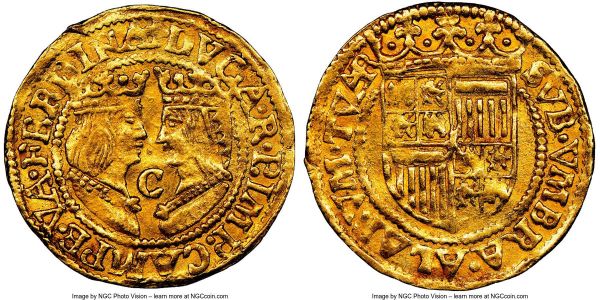 Lot 32675 > Kampen. City gold Imitative Ducat ND (1590-1593) AU55 NGC, Kampen mint, Fr-150, Delm-1101. 3.38gm. Imitative issue of the Spanish gold Excelente featuring the crowned facing busts of Ferdinand and Isabella despite being struck under the reign of Philip II of Spain. A charming and perfectly centered example of the type.