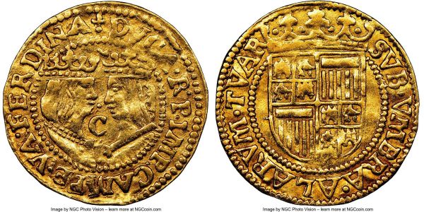 Lot 32676 > Kampen. City gold Imitative Ducat ND (1590-1593) AU53 NGC, Kampen mint, Fr-150, Delm-1101. 3.36gm. Imitative issue of the Spanish gold Excelente featuring the crowned facing busts of Ferdinand and Isabella despite being struck under the reign of Philip II of Spain. A hearty dose of luster shines through despite a touch of circulation wear.