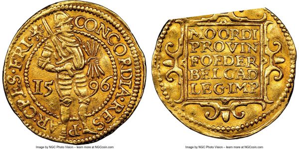 Lot 32677 > West Friesland. Provincial gold Ducat 1596 AU53 NGC, Fr-223. An alluring example of this early Ducat issue with much character, the armored knight appearing almost three-dimensional on the surface, and the legends and date engraved in large stylistic lettering.