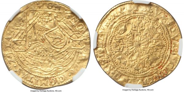 Lot 32678 > Zeeland. City gold Imitative 1/2 Rose Noble ND (1583-1585) AU55 NGC, Delm-872, PW-Ze13. 3.71gm. MON | NO | AVR • COMITAT • ZELAN, crowned armored figure of king standing facing in ship, shield with Zeeland arms in left hand, sword in right / •(castle)• SI • DEVS • NOBISCVM • QVIS • CONTRA • NO, radiate star with lis at four apexes and lions in angles, all within polylobe. Showcasing strong central details on the figure of the king and struck on a virtually full flan. A few spots of red wax residue appear on the reverse, like from plating in an old collection or catalog. 