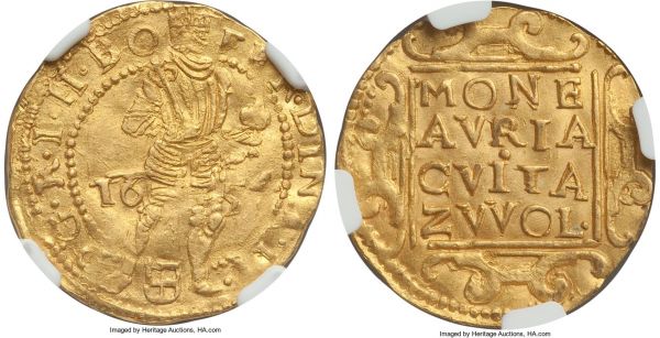 Lot 32679 > Zwolle. City gold Ducat 1654 MS62 NGC, KM34, Delm-1133. 3.45gm. Of comparatively scarce quality, the obverse fields more lustrous while those of the reverse display a more muted, matte-like texture. Struck on a rather unwrinkled flan with good centering. 