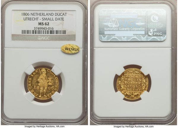 Lot 32680 > Batavian Republic. Utrecht gold Ducat 1806-B MS62 NGC, Utrecht mint, KM26.3. An instantly engaging and nearly Prooflike striking, die polish still visible beneath a scattering of light bagmarks, and the whole of the design executed in pinpoint precise detail. 