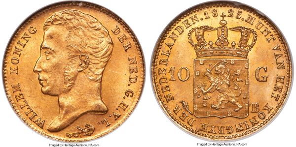 Lot 32681 > Willem I gold 10 Gulden 1825-B MS64 NGC, Brussels mint, KM56, Fr-329. Richly toned to an aged orange-gold, only the lightest instances of handling keeping the coin from the gem tier of certification.  From the Caranett Collection