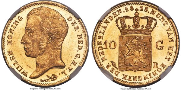 Lot 32682 > Willem I gold 10 Gulden 1828-B MS65 NGC, Brussels mint, KM56. Thickly frosted over the devices, resulting in a cameo-like effect that is admirable to behold in hand, the intense luster of the well-kept surfaces adding only further to the appeal. Currently only two examples certify higher across both PCGS and NGC combined.  From the Caranett Collection