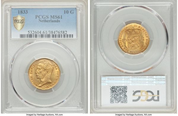 Lot 32683 > Willem I gold 10 Gulden 1833 MS61 PCGS, Utrecht mint, KM56, Schulman-186. A seemingly much scarcer date than recorded mintage figures suggest, with just 4 examples total certified in Mint State between NGC and PCGS combined, and sure to come fiercely contested as such.