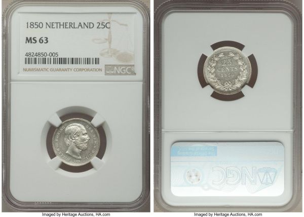 Lot 32684 > Willem III 25 Cents 1850 MS63 NGC, KM81. A superb Mint State example of this exceedingly rare type. By far the finest of the date we have seen, and indeed of which we are able to find record, this being the sole example graded in Mint State by NGC, with no comparable examples at PCGS. Blast-white surfaces shine with a uniform luster, the appearance of which strangely seems to mimic that of aluminum. An interesting piece and certainly worthy of examination.