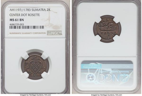 Lot 32685 > Sumatra. East India Company 2 Kepings AH 1197 (1783) MS61 Brown NGC, Calcutta mint, KM256, Scholten-944a. Variety with dot in center of rosette. Highest graded for type. 