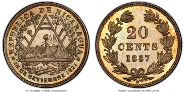 Lot 32687 > Republic Proof 20 Centavos 1887-H PR67 PCGS, Heaton mint, KM7. An elite example of the type, tied with even the D. Moore specimen (Auction 3051, Lot 32307), a coin from a collection that prized the greatest quality and visual appeal. Dressed in a soft sheath of silver tone that deepens toward the peripheries, which carry attractive honey-gold coloration on the reverse. 