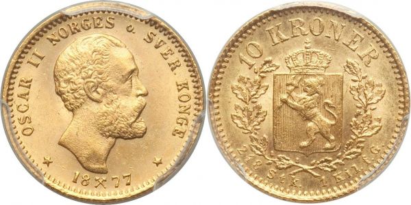 Lot 32689 > Oscar II gold 10 Kroner 1877 MS64 PCGS, Kongsberg mint, KM358, Fr-18. Mintage: 20,000. The lowest mintage date of this only two-year type, appearing strikingly close to gem with no singularly distracting marks. 