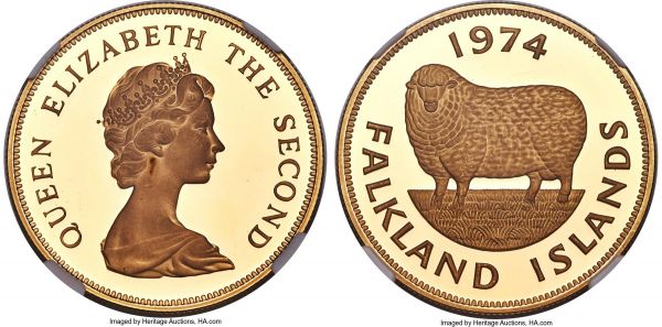 Lot 30269 > British Colony. Elizabeth II gold Proof 5 Pounds 1974 PR67 Ultra Cameo NGC, KM9, Fr-1. Mintage: 2,158. With Romney marsh sheep on the reverse. AGW 1.1775 oz. 