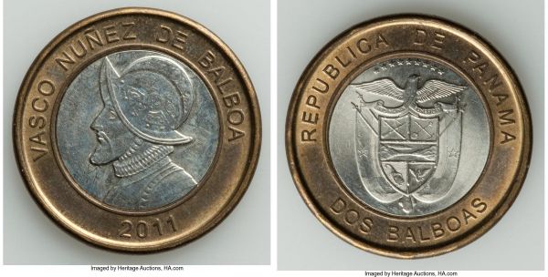 Lot 32696 > Republic bi-metallic 2 Balboas 2011 UNC (Obverse Cleaned),  KM-Unl. 27mm. 8.46gm. From a cancelled issue that never entered circulation. Only a few test pieces exist.