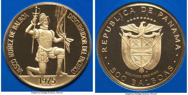 Lot 32697 > Republic gold Proof 500 Balboas 1975,  Franklin mint, KM42. Encased in the original Franklin mint holder, and sold with the case of issue and COA. AGW 1.2066 oz. 