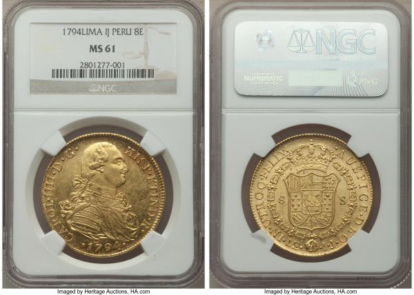 Lot 32699 > Charles IV gold 8 Escudos 1794 LM-IJ MS61 NGC, Lima mint, KM101. Simply lovely as an example of the type, sun-yellow fields abounding with watery luster. Rare in Mint State, with only four examples graded finer by NGC.