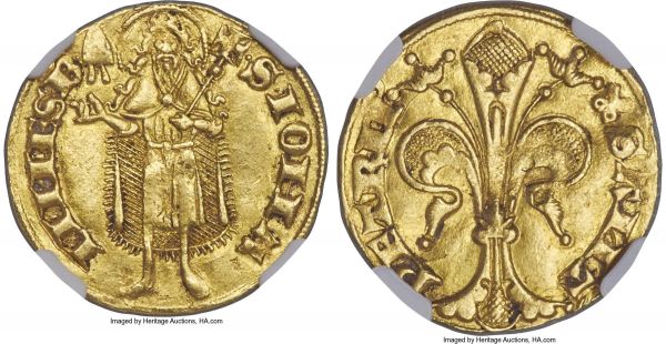 Lot 30270 > Papal States. Urban V gold Florin ND (1362-1370) AU58 NGC, Avignon mint, Fr-29, B-201. (Papal keys mm) SAИT | PETRИ, large fleur-de-lis / S • IOHA | ИИES • B •, St. John the Baptist standing facing, tiara above right hand, cross-topped rod in left. An excellent example of this scarce issue of the Avignon Papacy.  Ex. Lawrence Adams Collection