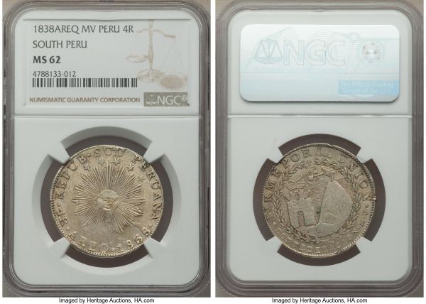 Lot 32701 > South Peru. Republic 4 Reales 1838 AREQ-MV MS62 NGC, Arequipa mint, KM172. A much better mint for the type than the more common Cuzco issues, particularly so in Mint State, with very few in this grade appearing on the market. 